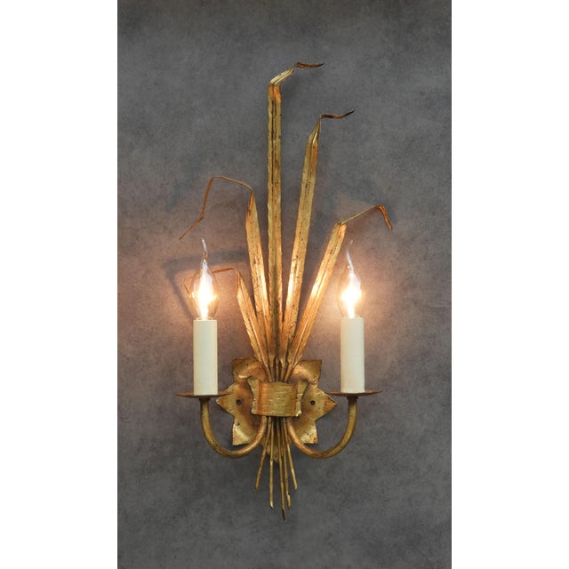 Metal Spanish Gilt Ferrocolor Tole Wheat Sheaf Wall Sconces, 1950, Set of 2 For Sale - Image 7 of 11