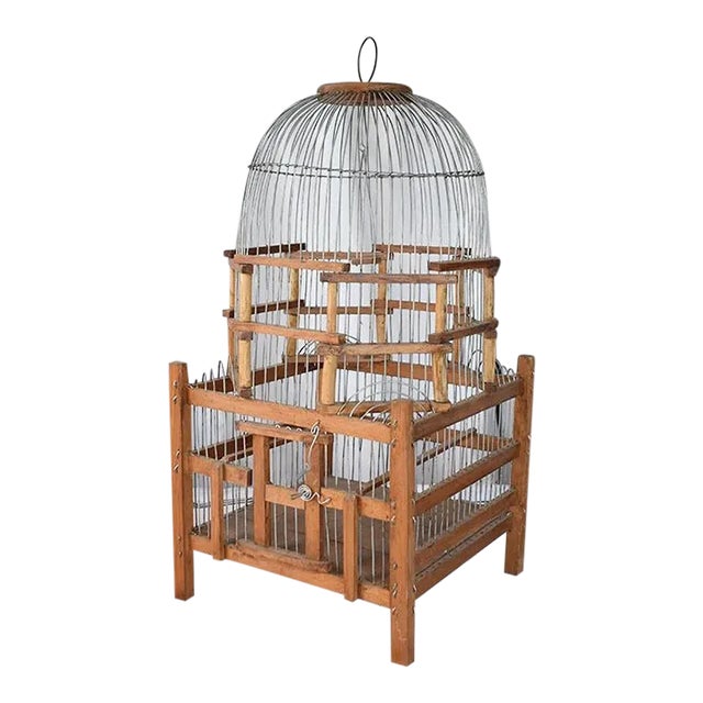Rustic Antique French Wood and Metal Pagoda Domed Birdcage, 1900s For Sale