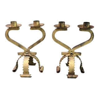 Pair of Vintage Spanish Revival Gothic Wrought Iron Candlesticks For Sale