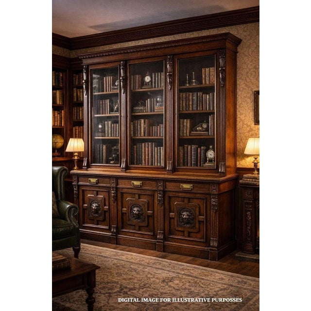 Victorian Three Door Bookcase in Carved Oak, 1880 For Sale - Image 11 of 12