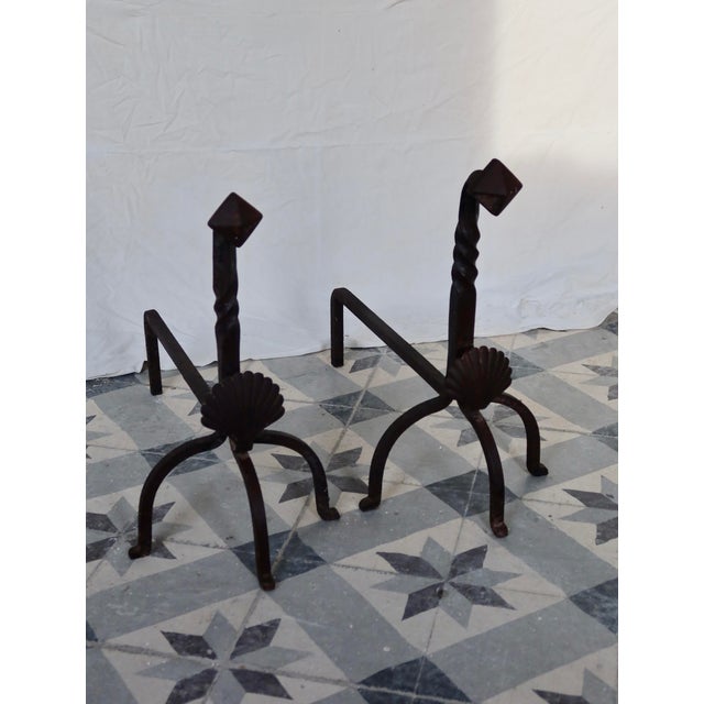 Vintage Metal and Cast Iron Andirons with Seashell Motif, 1950s, Set of 2 For Sale - Image 10 of 10