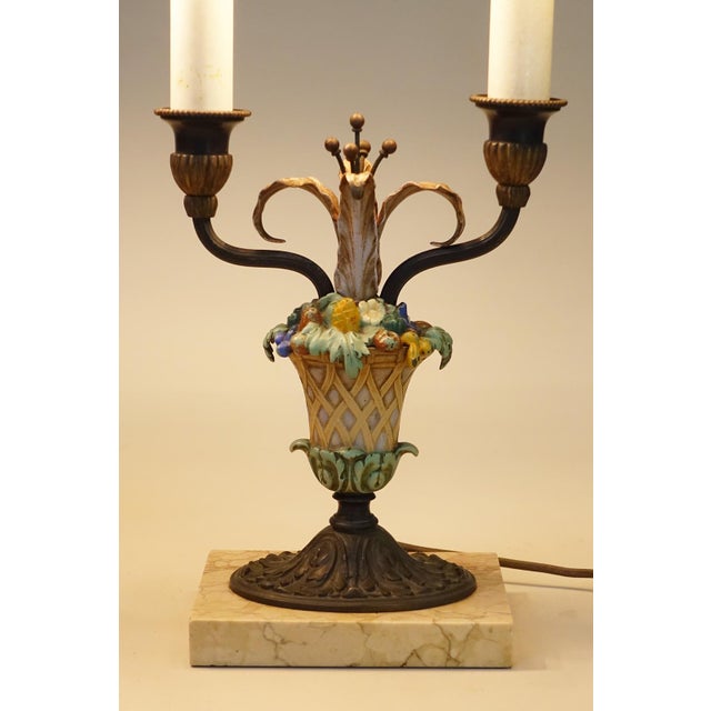 Metal 1920s Matched Pair Neoclassic French Empire Regency Tole Bronze Marble Candelabra Table Lamps For Sale - Image 7 of 12