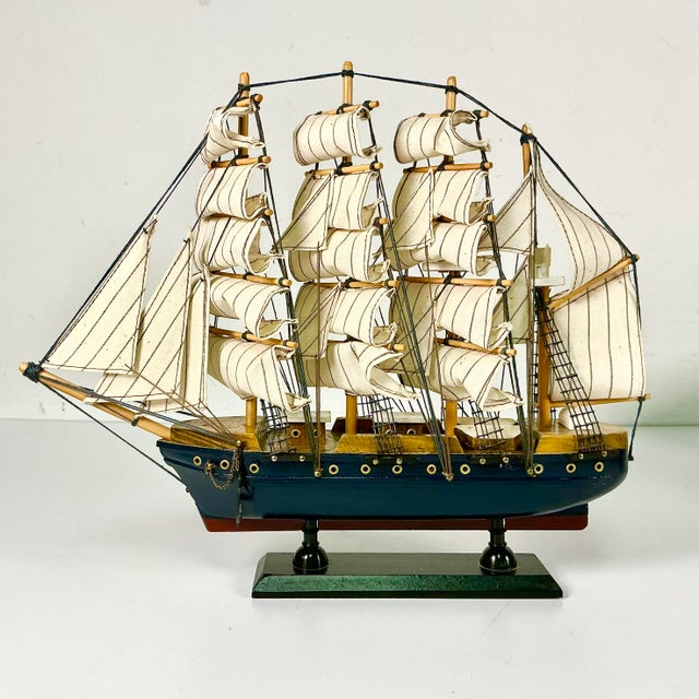 Nautical Mid-Century Nautical Coastal Boho Chic Wood Four Tall Mast Ship Model For Sale - Image 3 of 16