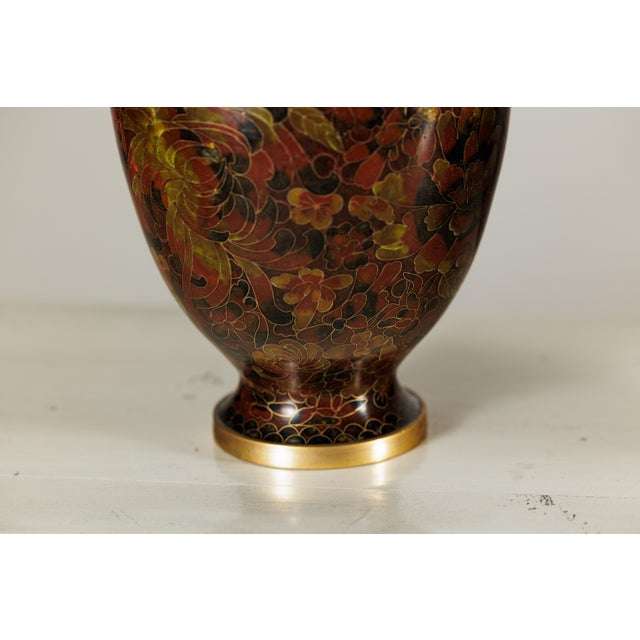 "About the Item This pair of cloisonné vases offers a refined decorative accent with their warm reddish-brown ground...
