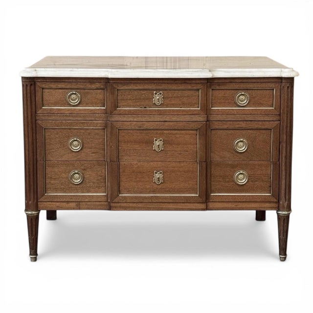 Early 20th Century Antique French Louis XVI Mahogany Commode With Carrara Marble For Sale - Image 5 of 16