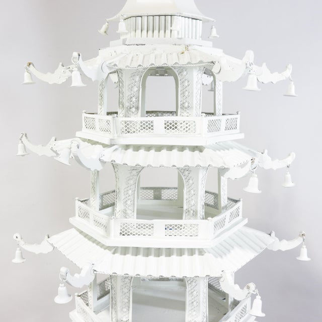Wood Vintage Large-Scale Seven-Tier Chinoiserie White Painted Tole Pagoda Tower For Sale - Image 7 of 13