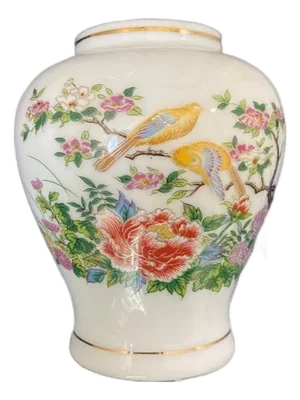 Vintage Chinoiserie Style Boho Chic Porcelain Ginger Jar Vessel Small Vase