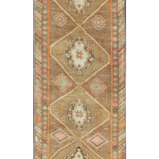 Vintage Hand Knotted Turkish Oushak Runner With Tribal Medallions in Earthy Tones For Sale - Image 4 of 11