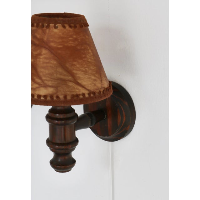 Wall Lamps in Stained Pine & Faux Leather Shades, Denmark, 1950s, Set of 2 For Sale - Image 6 of 13