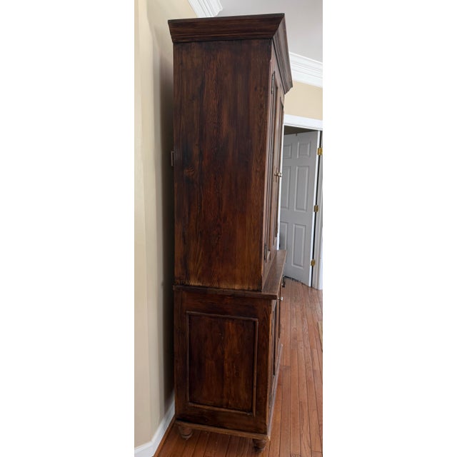 Wood Antique-Style Pine Step-Back Hutch With Wavy Seedy Glass Doors For Sale - Image 7 of 10