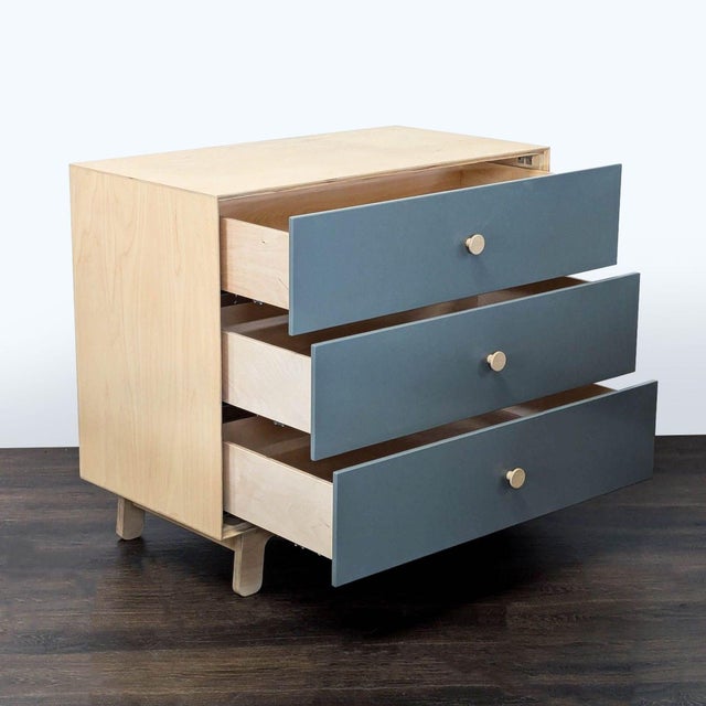 Modern Ouef Merlin Three-Drawer Dresser in Blue and Natural Wood Finish For Sale - Image 3 of 11