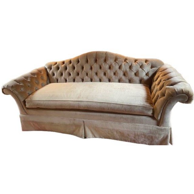 Elegant pair of custom English Country-style sofas upholstered in luxurious silk velvet. Each sofa features a gracefully...