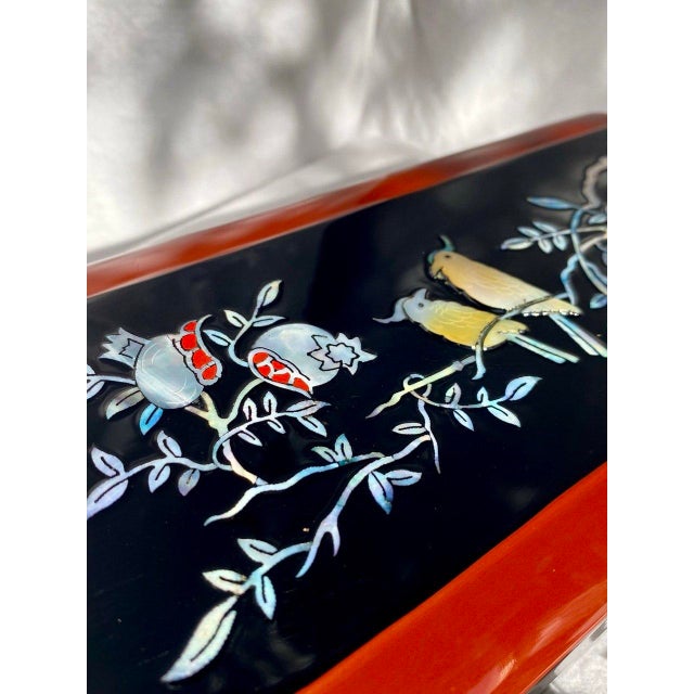 Mid 20th Century Japanese Black Lacquer Smoking Box Mother-of-Pearl Birds & Pomegranates - Mid 20th Century For Sale - Image 5 of 16