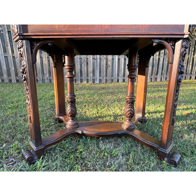 Fine Antique Early 1900s Victorian Mahogany Carved & Inlaid Marquetry Library Table For Sale - Image 12 of 18