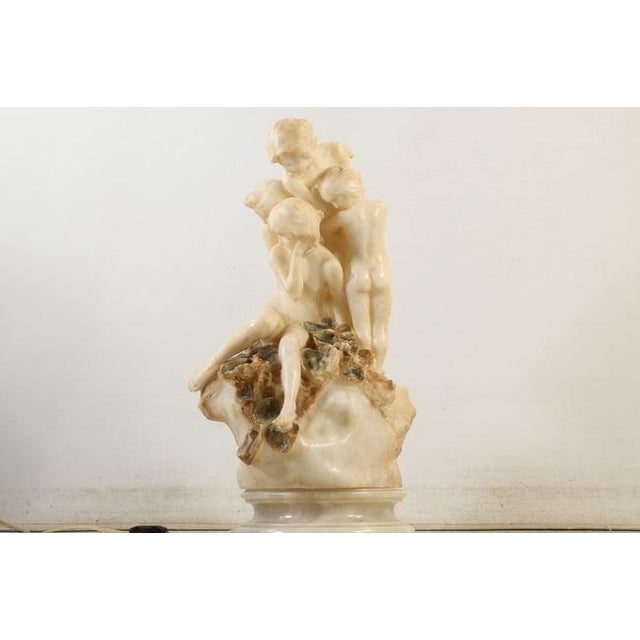Quality Circa 1920's Large Alabaster Lamp of 4 Nymphs Cuddled Together, Lamp on Electrified Base For Sale - Image 4 of 18
