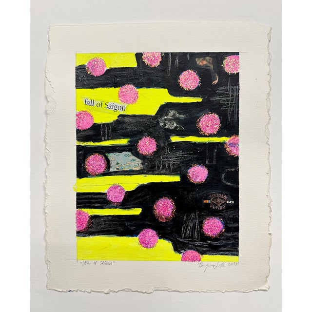 A colorful work on paper from mid career artist Ben Junta Acrylic, Collage, Pink Glitter on Paper 13.5" x 11.25"