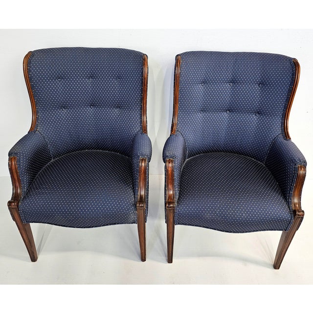Navy Blue Pair of Mid 20th Century Federal Style Mahogany and Tufted Upholstered Wingback Armchairs For Sale - Image 8 of 8