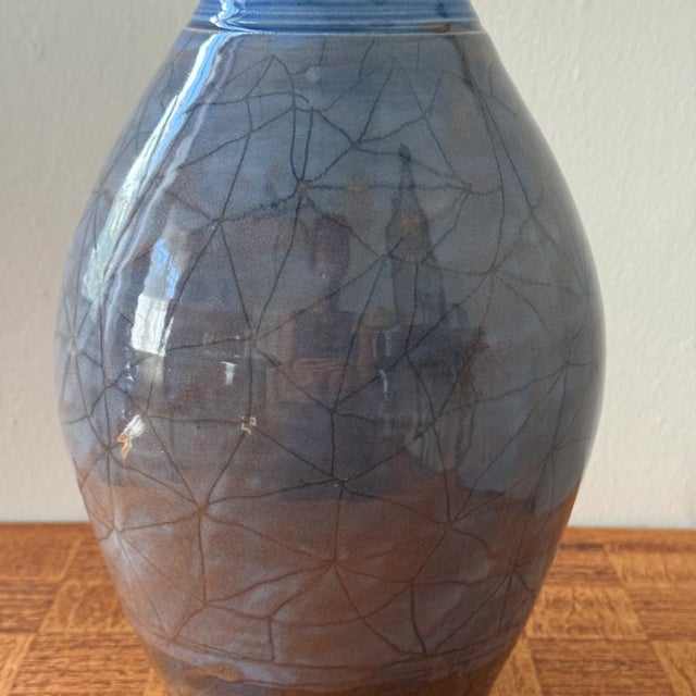 Mid-Century Modern Vintage Hand Thrown Pottery Vase With Glazed Design in Blue and Mauve, Signed For Sale - Image 3 of 7