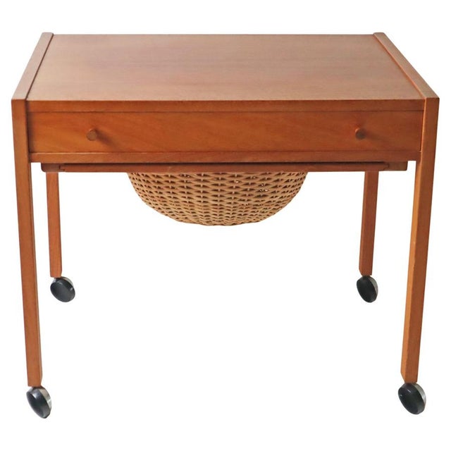 Sewing Side Table with Rattan Basket, Denmark, 1950s For Sale - Image 13 of 13