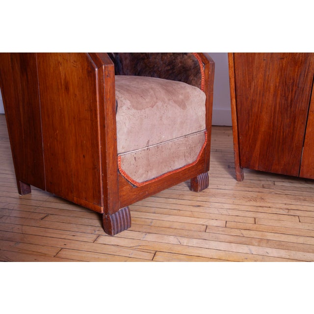 Brown Pair of French Cubist Club Chairs in Leather and Hide, C. 1920s For Sale - Image 8 of 15