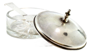 Octagonal Silver Butter Dish with Cut Glass Core, Knife and Knob Lid