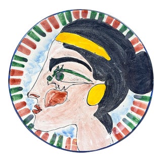 Mid-Century Style Postmodern Cubist Face Terracotta Glazed Decorative Plate For Sale