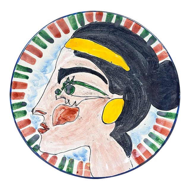Mid-Century Style Postmodern Cubist Face Terracotta Glazed Decorative Plate For Sale
