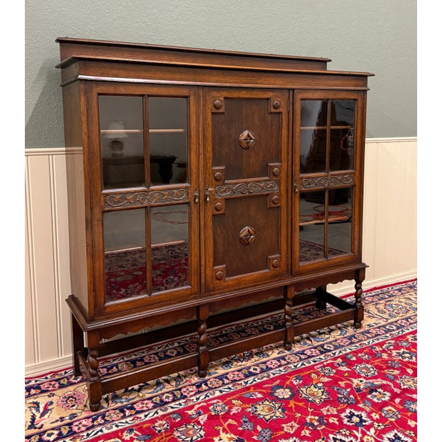 Antique English Jacobean Bookcase Bookshelf Cabinet Barley Twist Wavy Glass Oak For Sale - Image 10 of 18