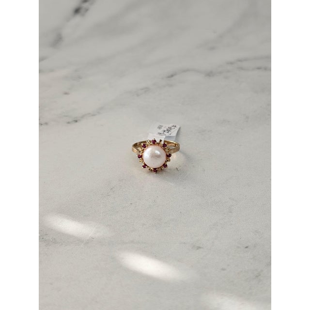 8MM Pearl Ring with Ruby Halo 14k Yellow Gold, Size 5.5 For Sale - Image 4 of 5