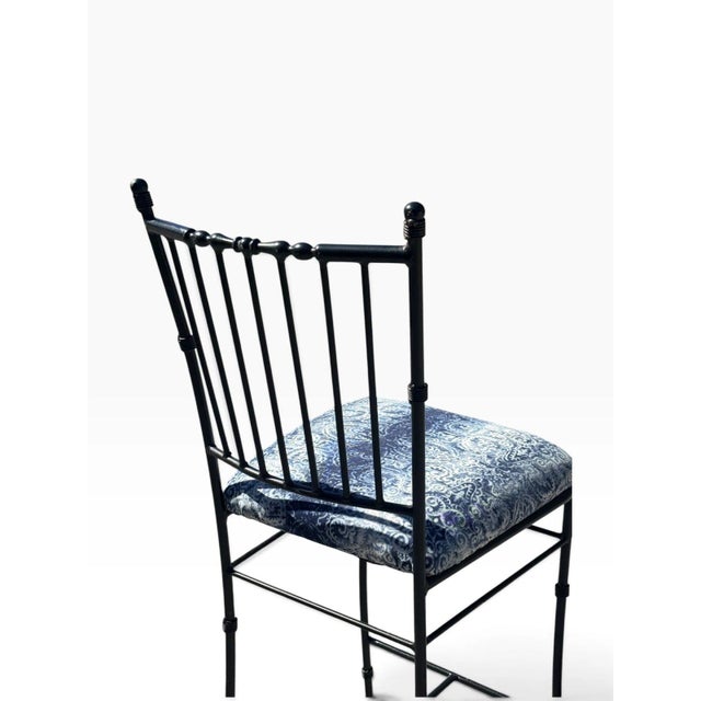 Black Faux Bamboo Wrought Iron Counter Stool | Spindle Back & Blue Damask Seat | Sold Individually, 5 Available For Sale - Image 8 of 12