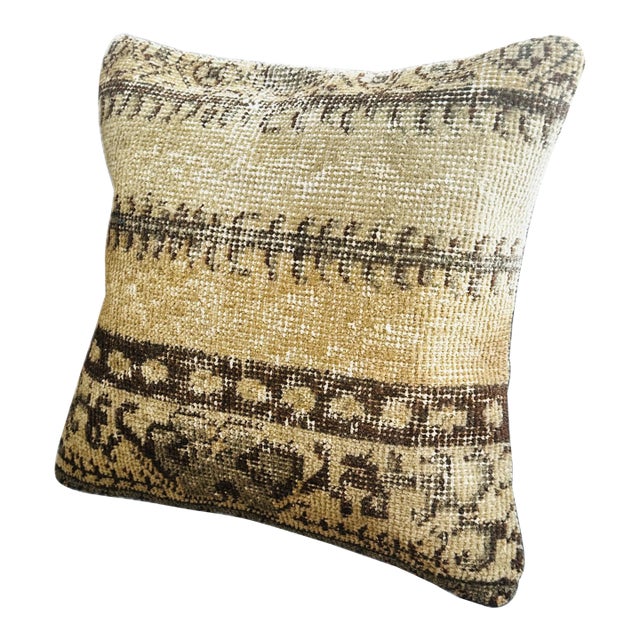 Vintage Turkish Isparta Rug Pillow Cover 16x16 – Geometric Wool Cushion Earthy Tones For Sale