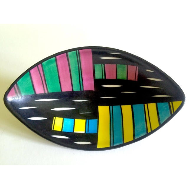 This vintage rare Mid Century Modern West German Schramberg Venezia hand painted ceramic art pottery elipse bowl dish is...