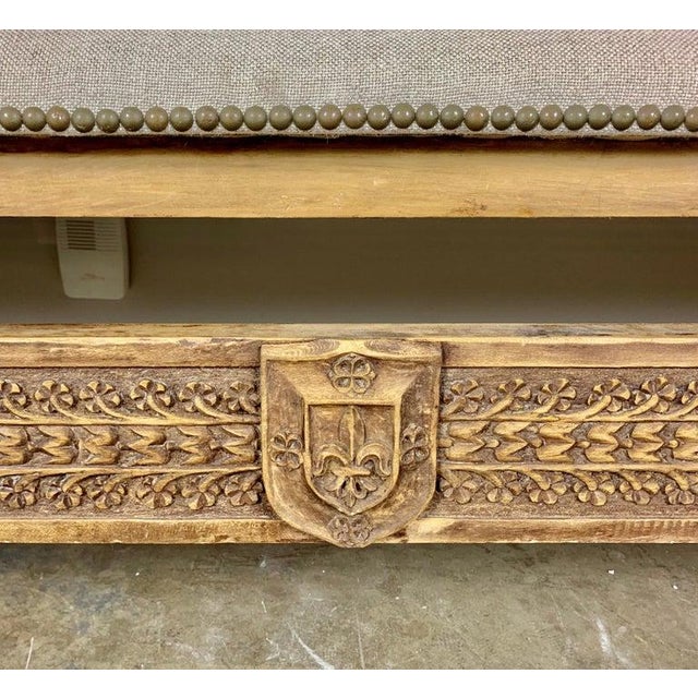 Monumental Spanish Carved Wood Bench, Linen Upholstery, 19th Century For Sale - Image 10 of 13