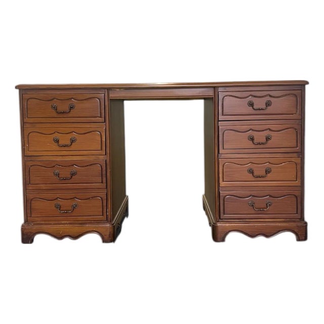 1960s American Traditional Executive Kneehole Desk With File Drawer, Solid Wood For Sale