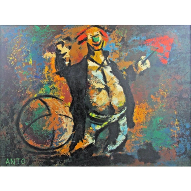 The is a large 1960s framed oil on board painting of a clown by artist ANTO, created in California, USA. This handmade...