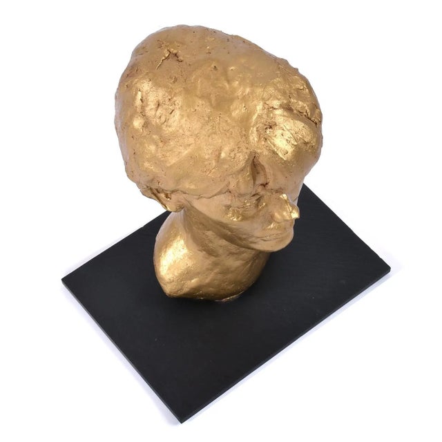Sendelbach Signed Gold Painted Clay Bust of Young Boy on Slate Base For Sale - Image 11 of 12