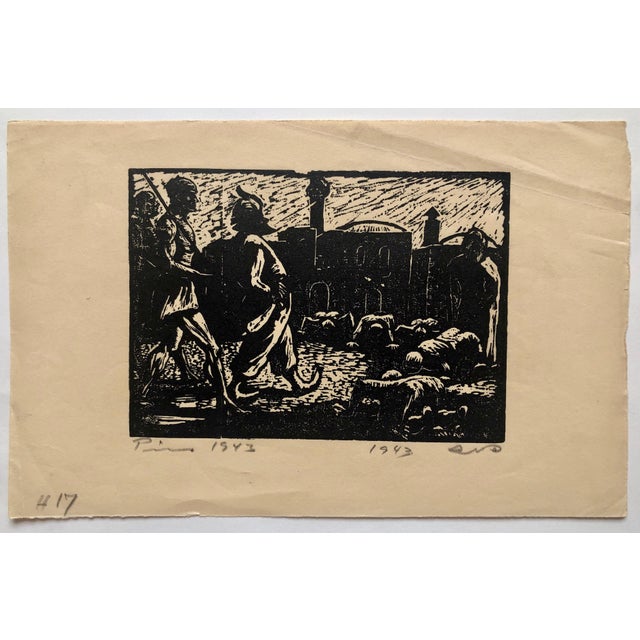 Jacob Pins, 1943 Israeli German Expressionist Woodcut Print Vintage Woodblock Bezalel School, 1943 For Sale - Image 4 of 4