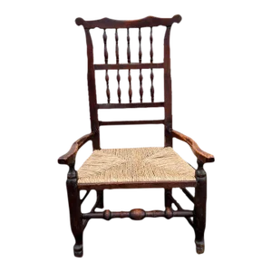 Antique George III Lancashire Elm Elbow Chair Spindle Back Rush Seat Armchair, 19th Century