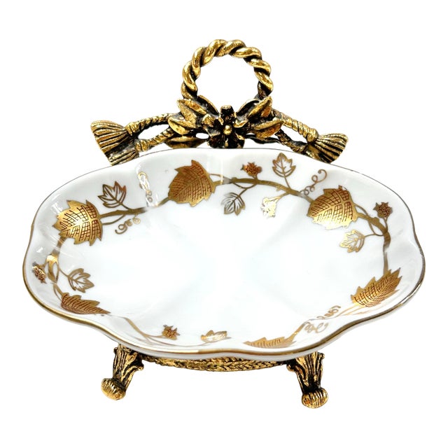 Vintage Porcelain Vanity Dish With Gold Gilt Ormolu Stand – Hollywood Regency Soap Dish For Sale