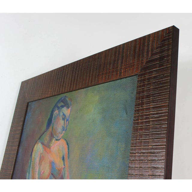 This circa 1940s oil on burlap figure in pale, pastel colors is by San Francisco North Beach artist Martin Snipper...