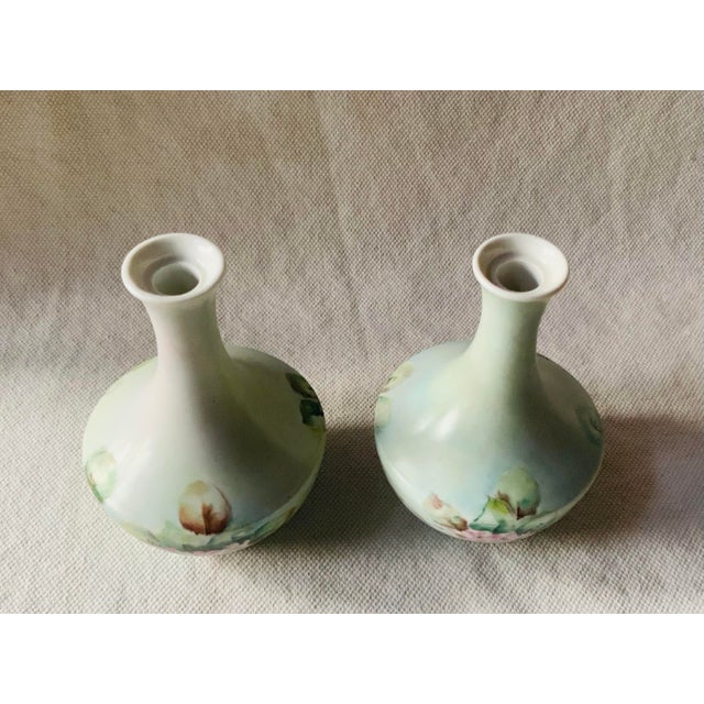 Pair of Antique French Porcelain Hand-Painted Bud Vases — Celadon, Pink Roses & Peaches, C. 1900 For Sale - Image 4 of 6