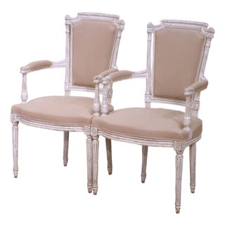 Pair of 19th Century French Louis XVI Painted Armchairs With Upholstered Seats For Sale