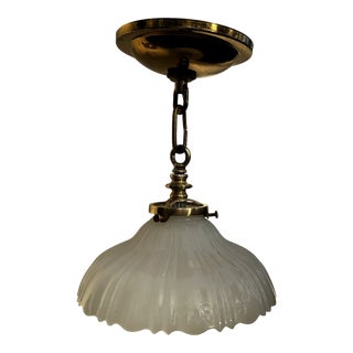 Vintage Clam Broth Shade on Vintage Brass Hanging Fixture For Sale