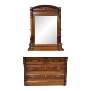 Antique Eastlake Victorian Carved Walnut Marble Top Washstand Dresser W/ Mirror