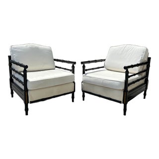 Pair of Mid-Century Black Lacquered Bamboo Armchairs For Sale