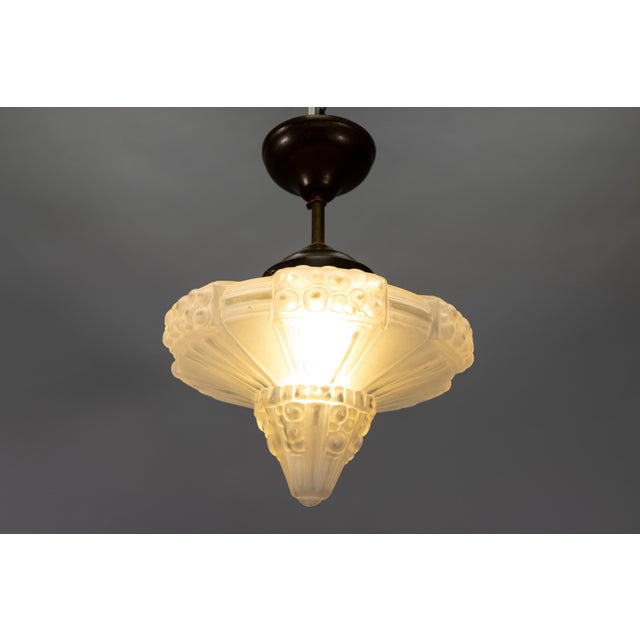 Art Deco French Frosted White Glass and Brass Ceiling Light, 1930s For Sale - Image 3 of 18