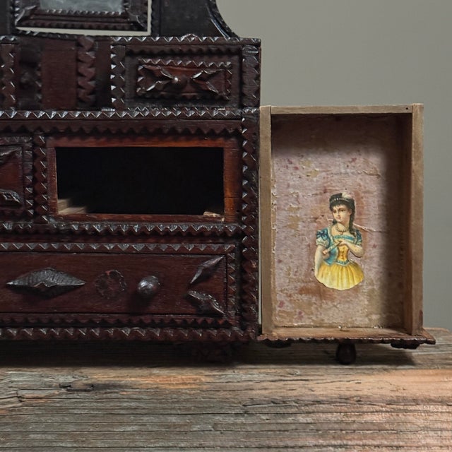 Antique Chip Carved Tramp Art Tabletop Dresser With Decoupage and Mirror For Sale - Image 12 of 12