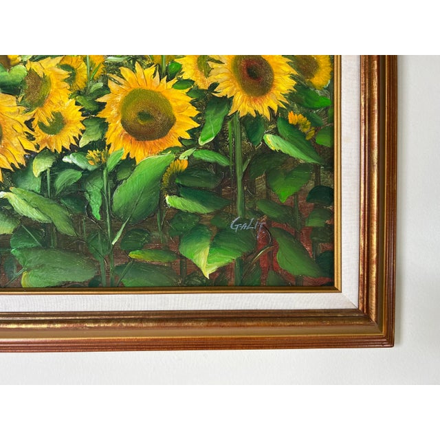 70's Vintage Galit Sunflowers Field Landscape Painting For Sale - Image 10 of 13