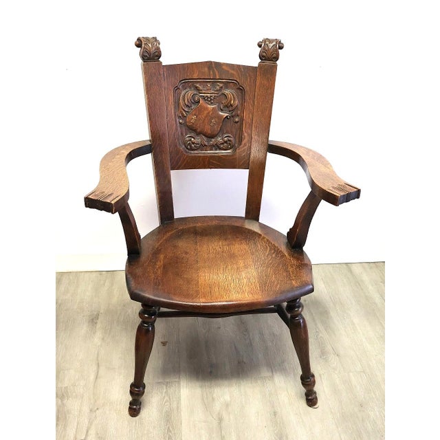 Brown Antique Jacobean Revival Carved Oak Heraldic Armchair, Circa 1900 For Sale - Image 8 of 11