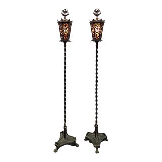 1922 Oscar Bach Spanish Tudor Style Torchiere- a Pair Floor Lamps For Sale